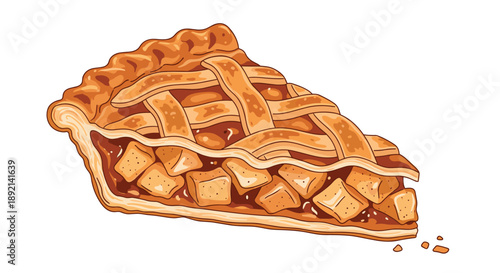 Delicious slice of homemade apple pie with a flaky lattice crust and a sweet, warm apple filling, a classic dessert.