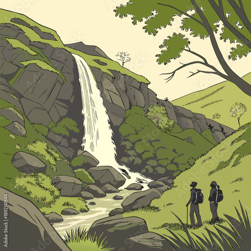 Rocky hillside waterfall with two nature explorers standing