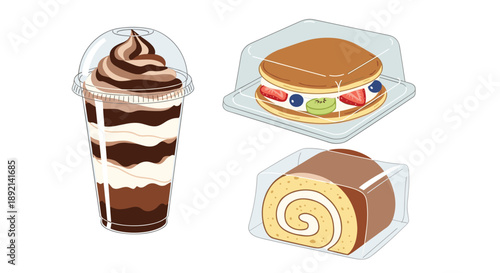 Assortment of Japanese convenience store sweets including a chocolate parfait, a fruit-filled dorayaki, and a roll cake.