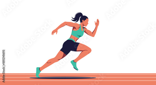Muscular female athlete sprinting at full speed on a running track, demonstrating power and determination in a race.