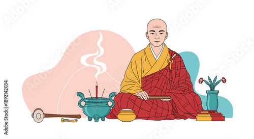 Buddhist monk in traditional orange and red robes meditating peacefully in a lotus position with an incense burner and offerings.