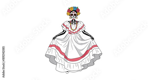 Illustration of La Calavera Catrina, a female skeleton in a traditional dress with a floral headpiece for Mexico's Day of the Dead.