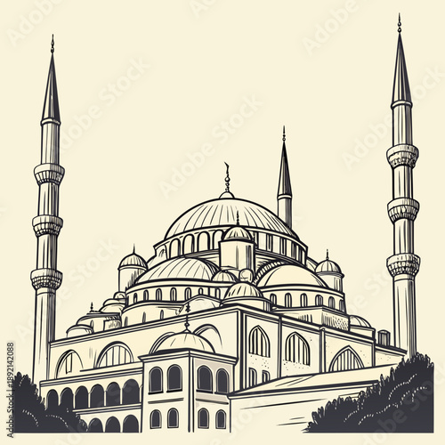 Mosque silhouette composition with strong horizontal lines and minarets