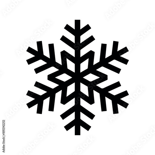 A crisp, solid black icon of a beautifully intricate snowflake, perfectly symmetrical, representing winter, cold, holidays, or a unique weather phenomenon.
