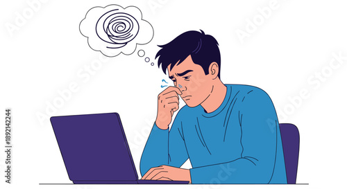 Stressed and tired young man feeling anxious and overwhelmed while working on a laptop, with a tangled thought bubble above him.