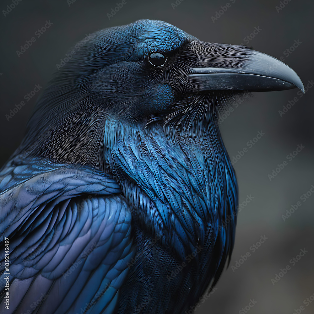 Naklejka premium Raven Close-Up: Stunning Details in Black Feathers with Blue Hues - A Wildlife Macro Photography Delight