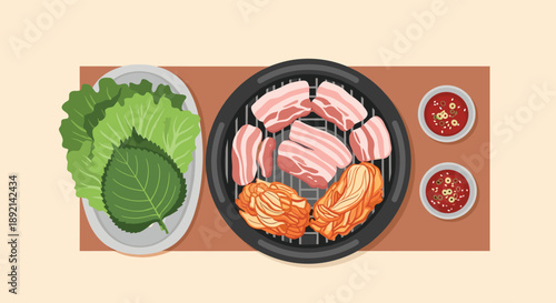 Top-down view of a delicious Korean barbecue meal, samgyeopsal, with pork belly and kimchi grilling on a round grill.