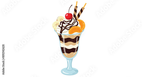 Delicious and elaborate chocolate parfait in a tall glass, layered with cream and topped with fruit, whipped cream, and a cherry.