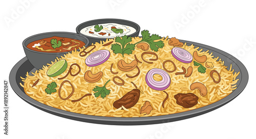 A delicious plate of Indian chicken biryani, a savory rice dish with meat, cashews, onions, and fresh herbs, with side dishes.