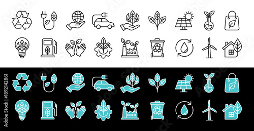 Eco sustainability icons set for green energy and environmental conservation in line and fill style