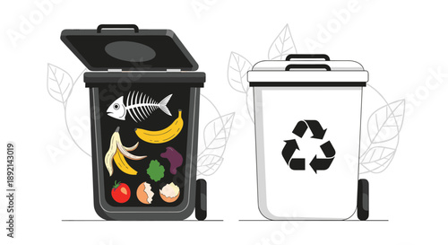 Two trash bins for waste sorting, one for organic compost with food scraps and the other for general recycling with a universal symbol.