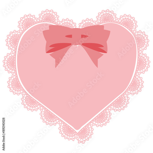 ピンクのレース装飾で描かれたリボン付きハート型フレームイラスト ガーリーでフェミニンな装飾枠素材 ギフトやウェディングに使えるデザイン