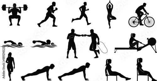Collection of diverse fitness activity silhouettes showcasing weightlifting running swimming yoga boxing cycling rowing and bodyweight exercises for health promotion and training concepts