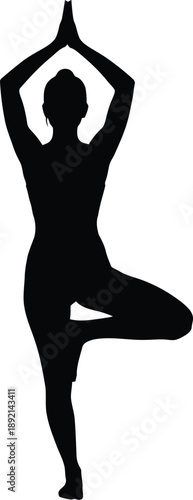 Silhouette of a woman practicing the Vrikshasana or tree pose yoga posture demonstrating balance and mindful concentration against a stark white background in a simple graphic style