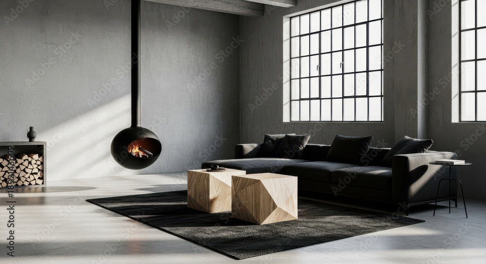 Obraz premium Modern loft living room with hanging fireplace and large windows