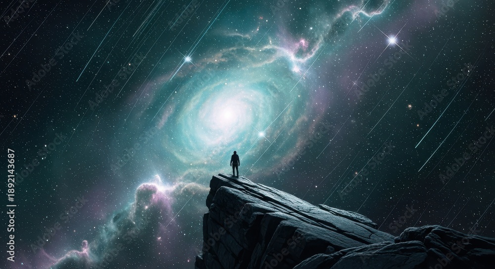 Fototapeta premium Silhouette man standing on cliff observing starry galaxy