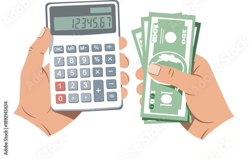 Hands holding a calculator and a stack of us dollar bills on a white background for finance and accounting concepts