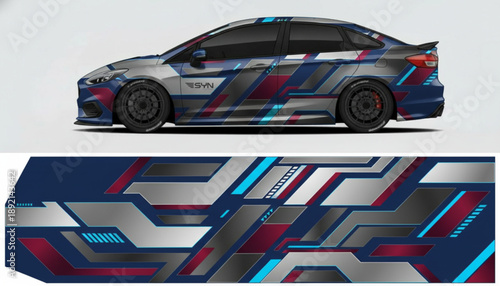 A car with a futuristic geometric graphic wrap design in blue, silver, and maroon colors, displayed on a sedan and as a standalone pattern.