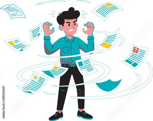 A cartoon man surrounded by swirling papers and documents in a chaotic scene