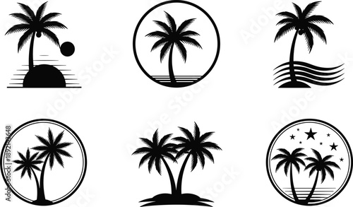 Black silhouette palm tree logo collection with tropical island, beach waves and sunset elements isolated on white background, summer vacation icons.