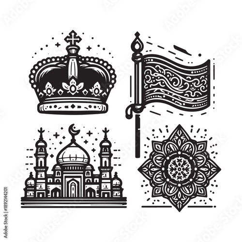 black and white ceremonial emblem outline symbols