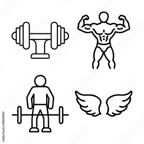 Fitness icons including dumbbell bodybuilder weightlifter and wings