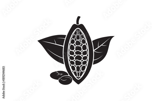 Cocoa pod cut open with beans and leaves isolated on white background