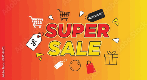 Vibrant graphic design announcing a massive super sale event promotion featuring discount symbols and shopping icons against a gradient background