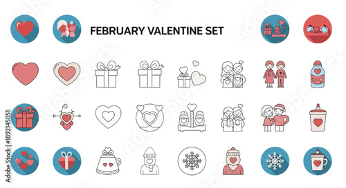 Collection of February Valentine set icons featuring various romantic symbols seasonal elements and loving couple illustrations