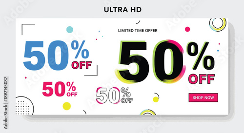 Vibrant ultra hd banner design prominently featuring multiple bold fifty percent off sale graphics and a clear call to action button