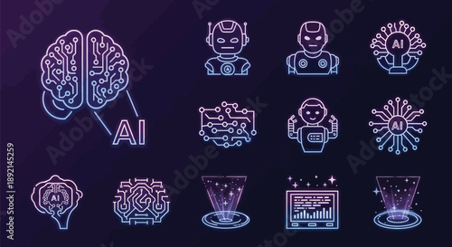 Collection of glowing neon line art icons representing various concepts of artificial intelligence machine learning and futuristic robot technology