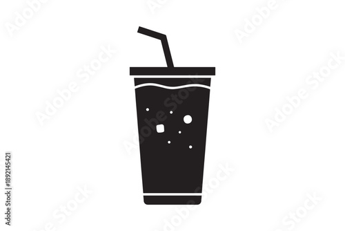 Black and white drawing of a cold drink in a disposable cup with straw and ice