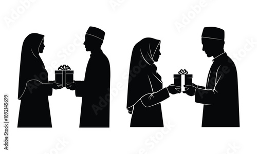 Silhouette of four people exchanging gifts in a formal setting