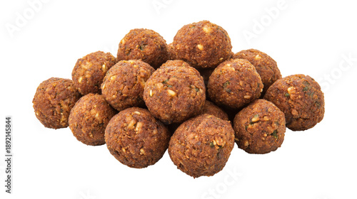 A pile of small, brown balls on a white background
