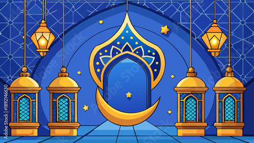 Ornate mosque entrance with hanging lanterns