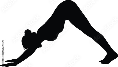 Silhouette of a woman performing the downward facing dog yoga pose demonstrating strength balance and deep stretching for mindful physical fitness illustration