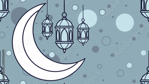 Elegant crescent moon with hanging lanterns
