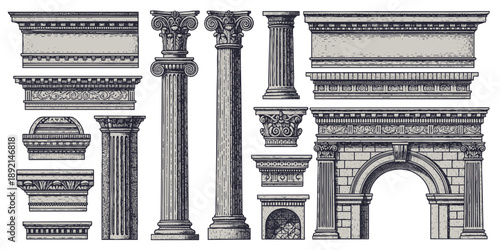 Vintage architectural elements in detailed engraving style set