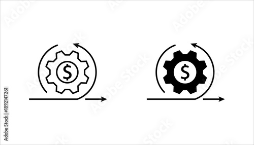 Minimalist line icon set. illustrating a financial process with a gear and dollar symbol. Represents money management, business operations, cost control, automation, and financial workflow. 