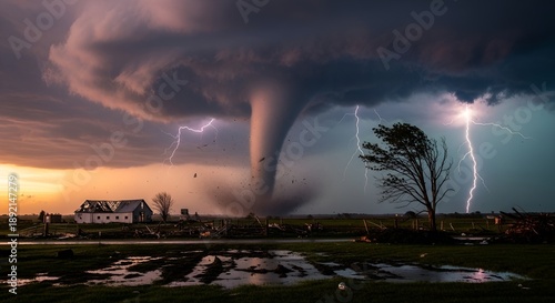 Tornado touches down near a rural house with a lone tree standing amidst lightning and stormy clouds at dusk