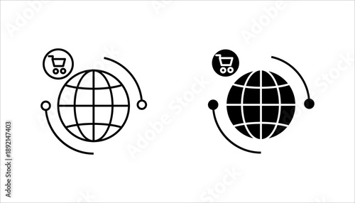 Line icon set. of a globe with shopping cart symbol representing global ecommerce, international trade, online shopping, and worldwide business network.