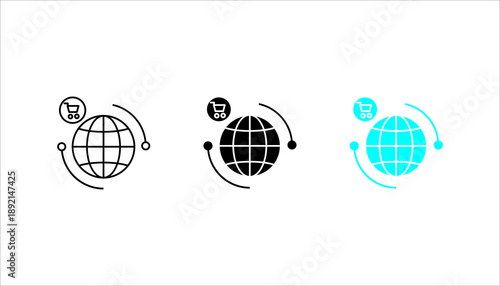 Line icon set. of a globe with shopping cart symbol representing global ecommerce, international trade, online shopping, and worldwide business network.