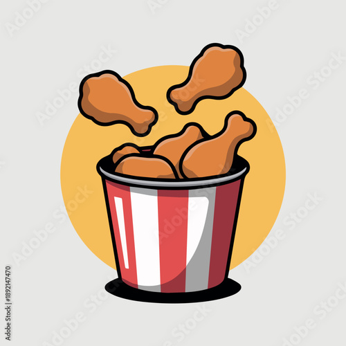 A mouth-watering cartoon illustration depicting several pieces of golden-brown fried chicken drumsticks, both inside and spilling out of a classic striped fast-food bucket.