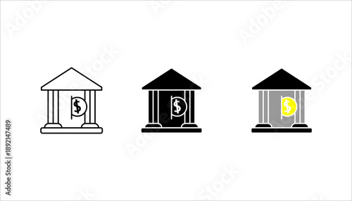 Black line icon set. of a bank building with dollar symbol representing finance, banking services, money management, investment, and financial security.