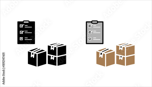 Line icon set. showing a checklist and stacked boxes representing inventory management, warehouse control, order packing, and logistics organization.