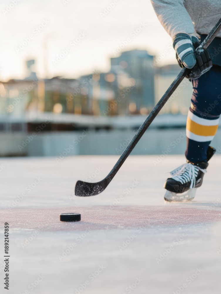 Obraz premium Ice hockey puck on frozen rink with player and stick for professional sports promotion and winter league advertising banner, featuring dynamic arena setting