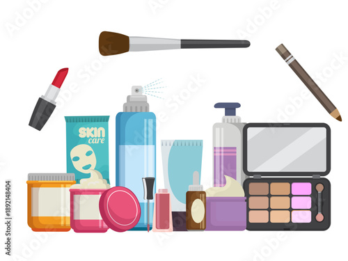 various makeup skincare products colorful illustration