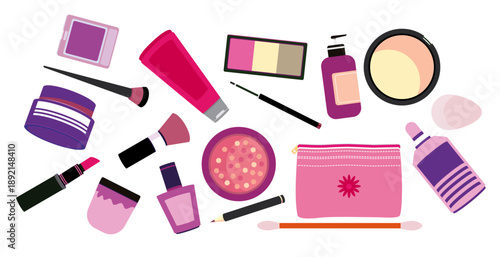 various makeup skincare products colorful illustration
