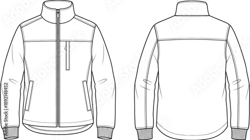 Front and back technical fashion illustration of men’s zip-up jacket with stand collar, ribbed cuffs, pocket details, apparel design template outline