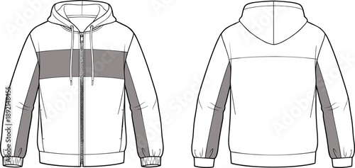 Front and back technical fashion illustration of men’s zip-up hoodie with drawstring hood, color block panels, ribbed cuffs, apparel template outline
